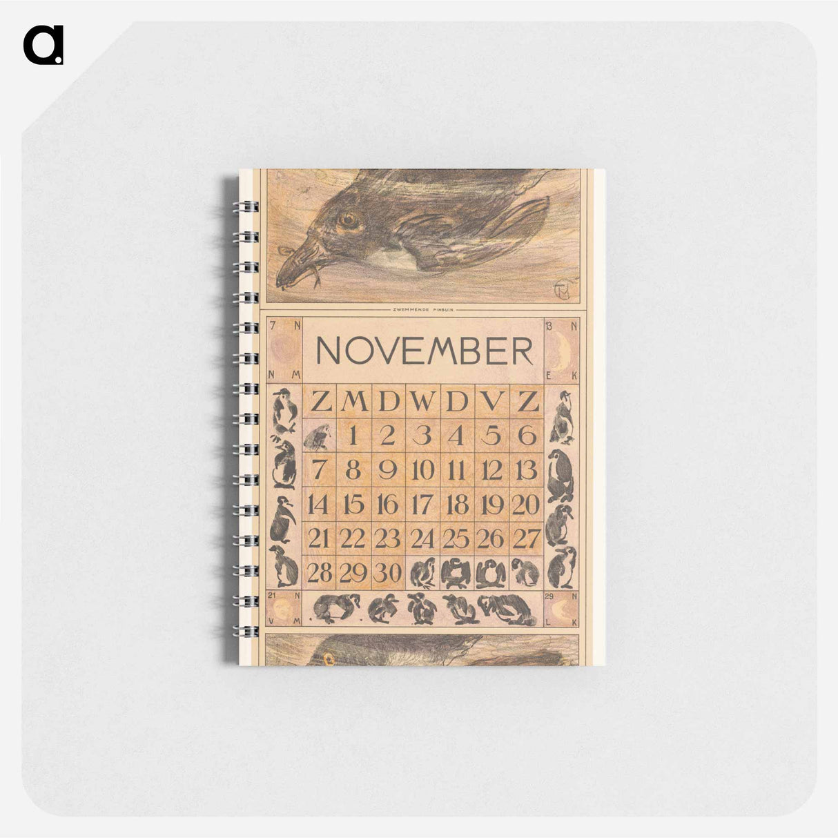 Kalenderblad november met zwemmende pinguïn - テオ ヴァン ホイテマ Memo.