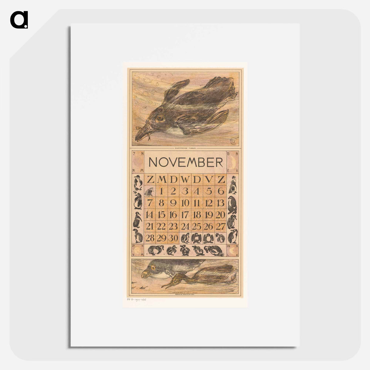 Calendar November with zwemmende pinguïn - Theo van Hoytema Poster.