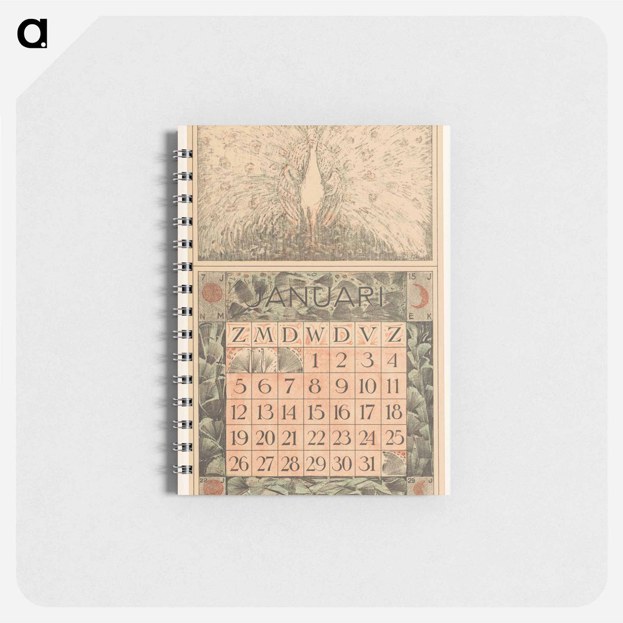 Kalenderblad januari met pronkende pauw - テオ ヴァン ホイテマ Memo.