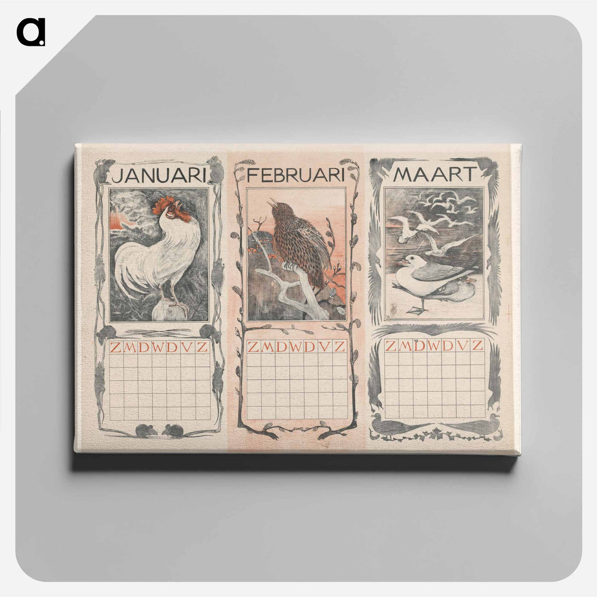 Calendar blades of January, February at Maarten, with vogels - Theo van Hoytema Canvas.