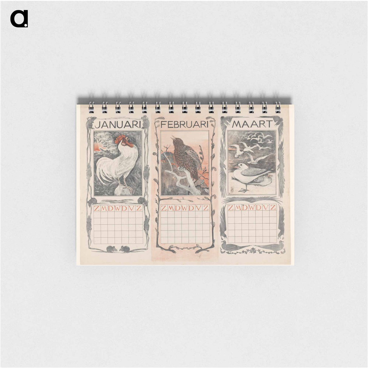 Kalenderbladen van januari, februari en maart, met vogels - テオ ヴァン ホイテマ Memo.