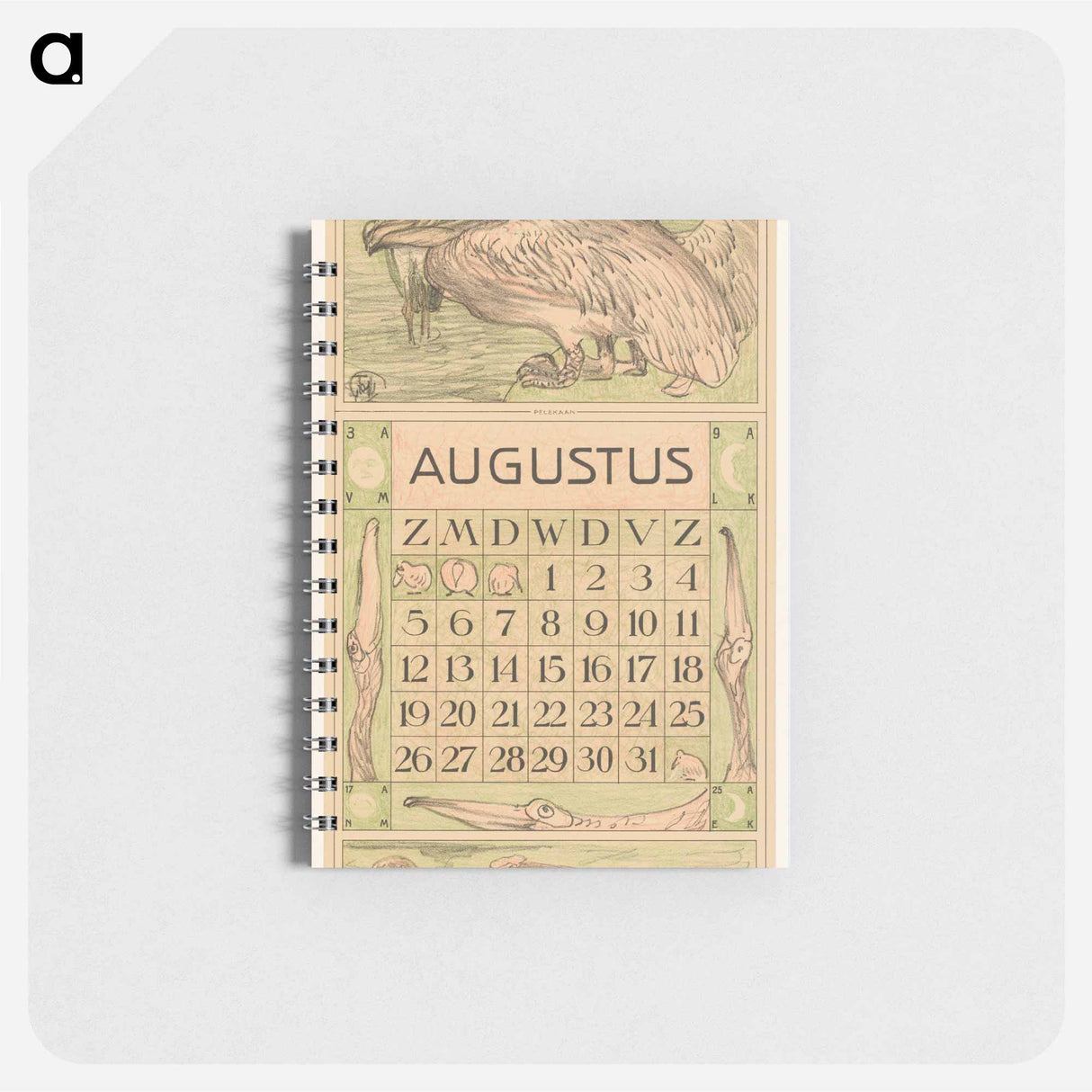 Kalenderblad augustus met pelikanen - テオ ヴァン ホイテマ Memo.