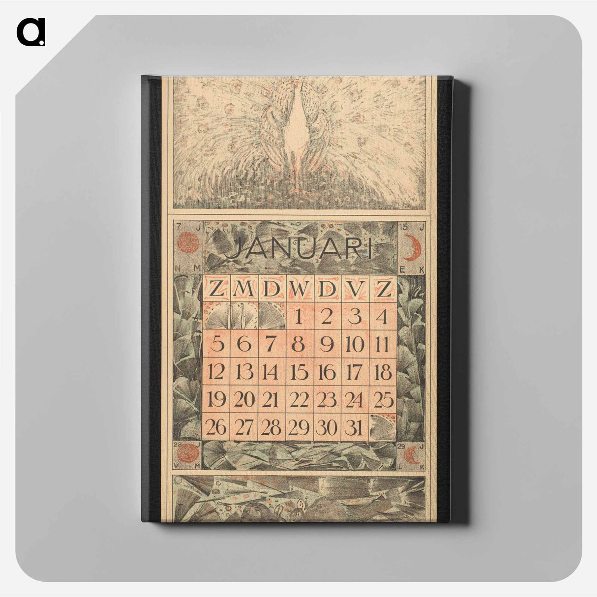 Kalenderblad voor januari 1913 met pronkende witte pauw - テオ ヴァン ホイテマ Canvas.