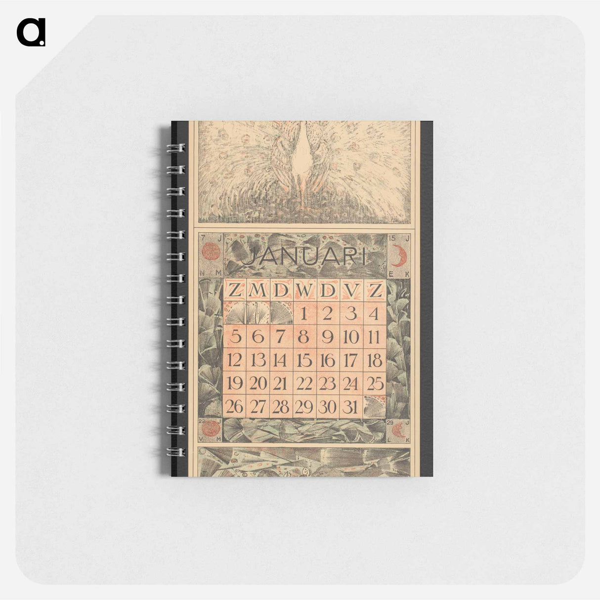 Kalenderblad voor januari 1913 met pronkende witte pauw - テオ ヴァン ホイテマ Memo.