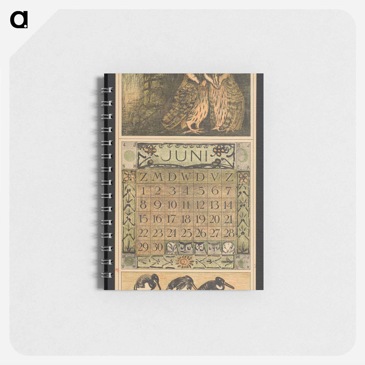 Kalenderblad voor juni 1913 met twee kerkuilen by Theo van Hoytema - テオ ヴァン ホイテマ Memo.