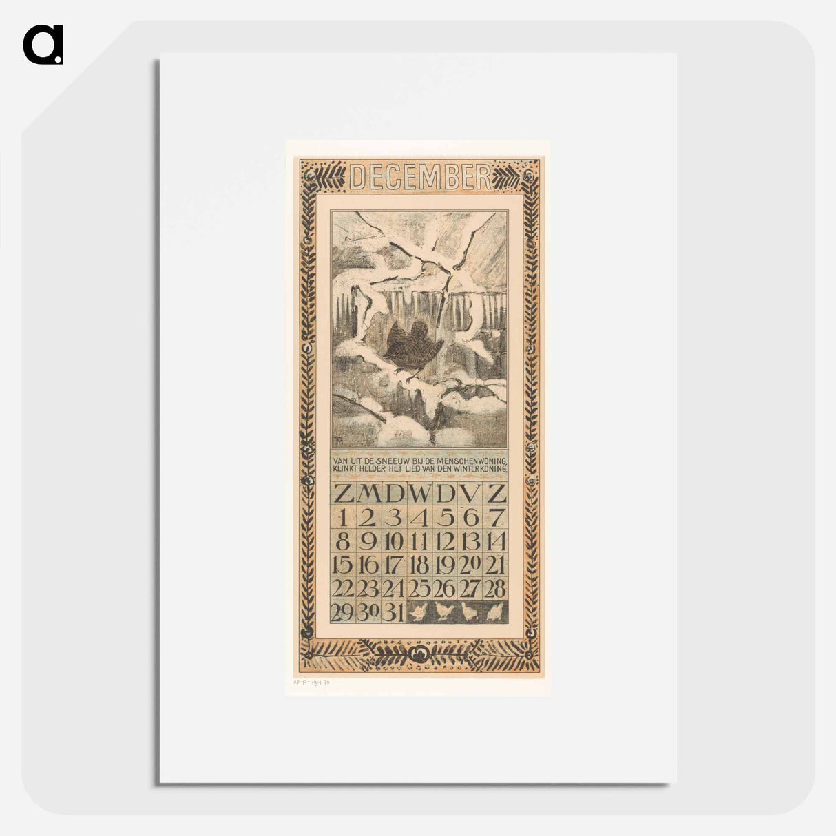 Kalenderblad december met winterkoninkje - テオ ヴァン ホイテマ Poster.