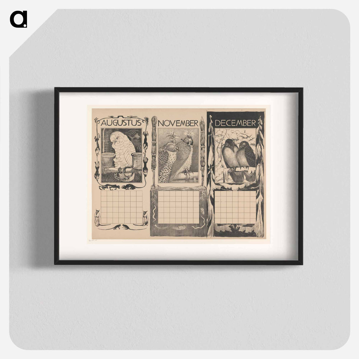 Kalenderbladen van augustus, november en december, met vogels by Theo van Hoytema - テオ ヴァン ホイテマ Poster.