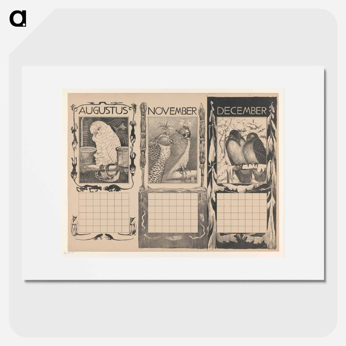 Kalenderbladen van augustus, november en december, met vogels by Theo van Hoytema - テオ ヴァン ホイテマ Poster.