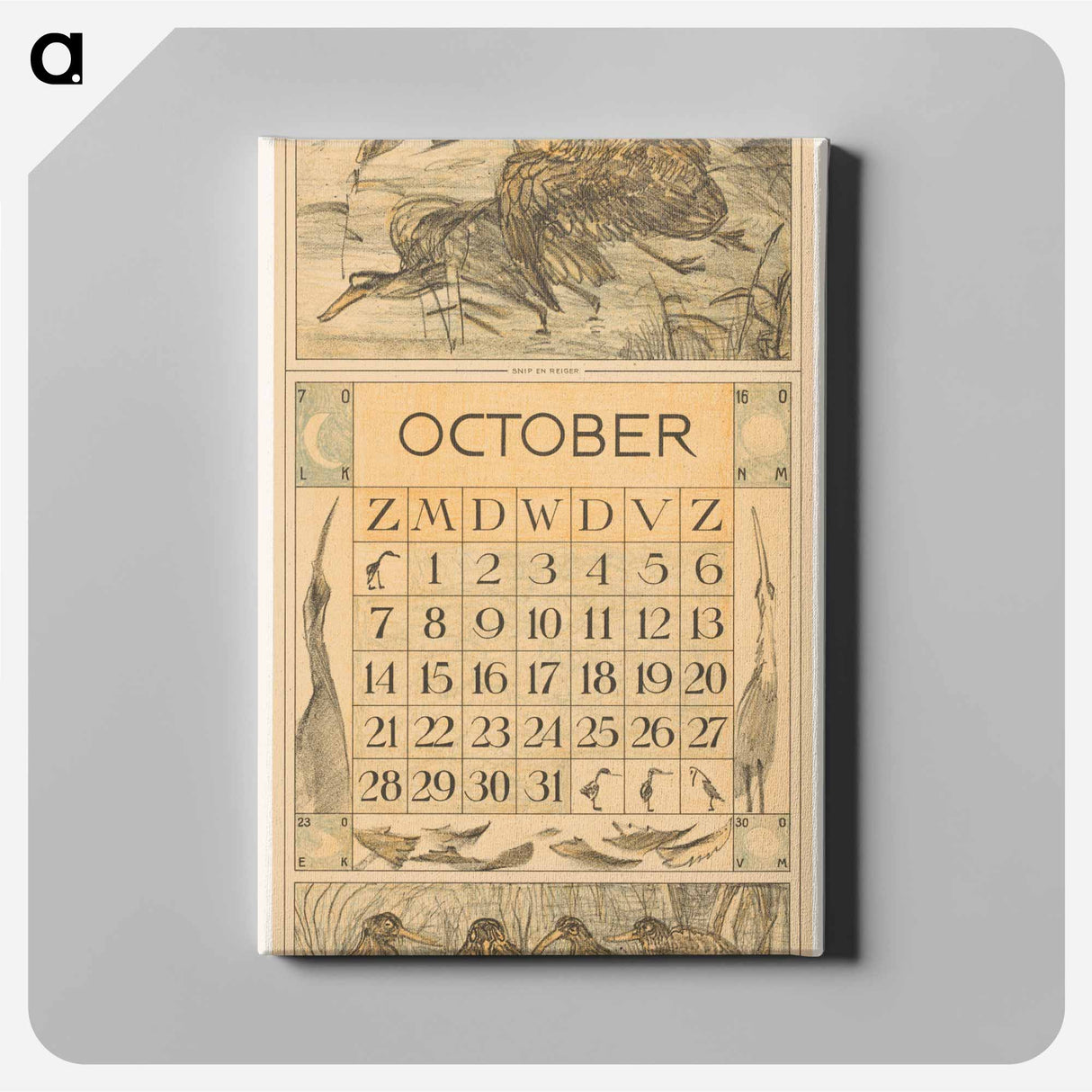 Kalenderblad oktober met snip en reiger - テオ ヴァン ホイテマ Canvas.