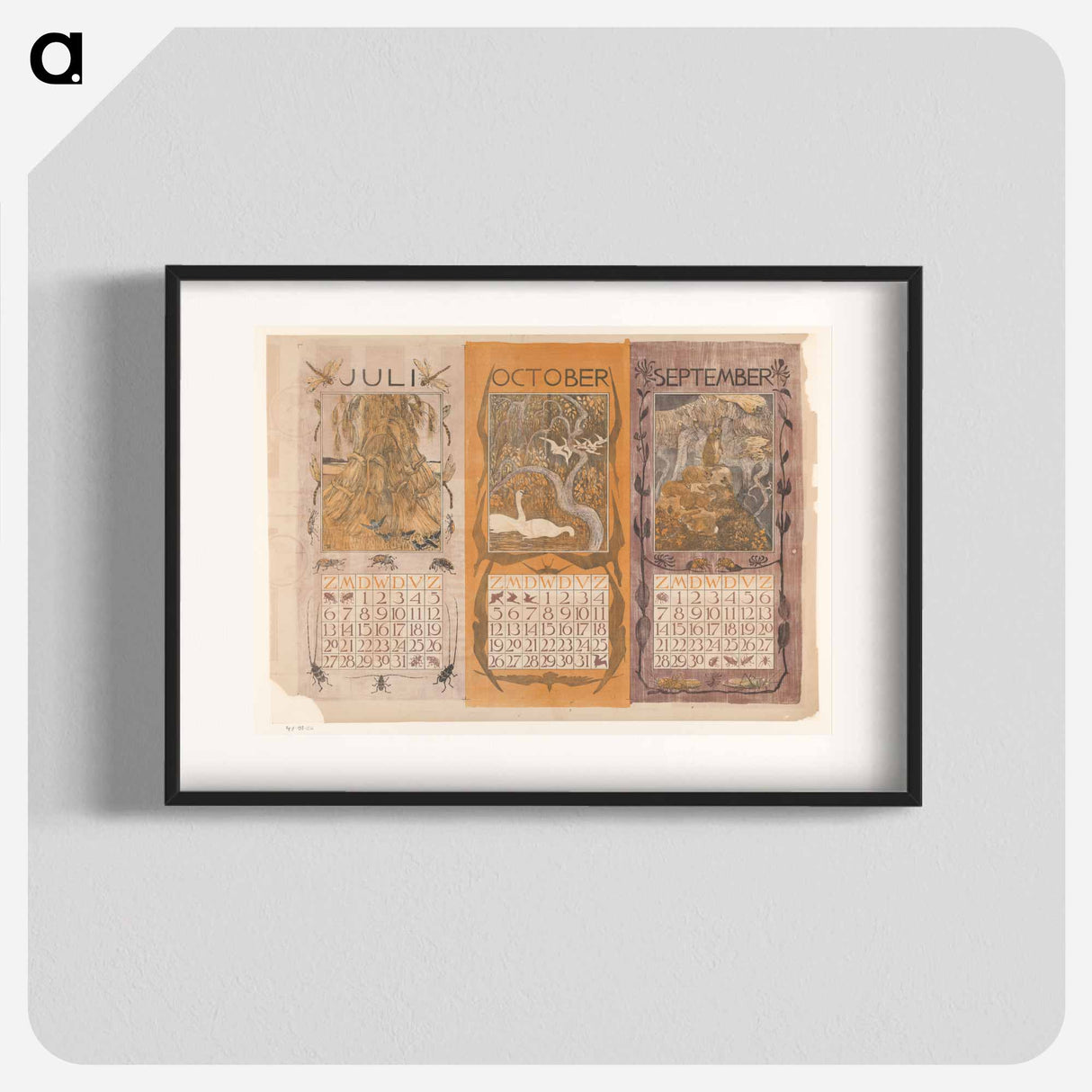 Kalenderbladen van juli, oktober en september, met korenschoven, zwanen en konijnen - テオ ヴァン ホイテマ Poster.