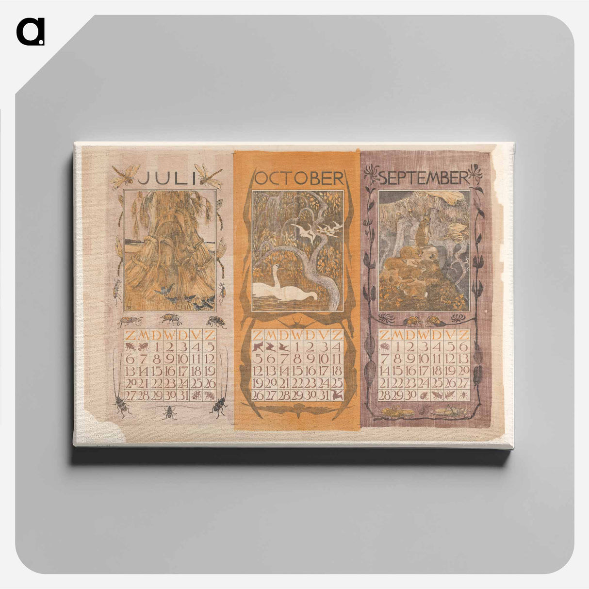 Kalenderbladen van juli, oktober en september, met korenschoven, zwanen en konijnen - Theo van Hoytema Canvas.
