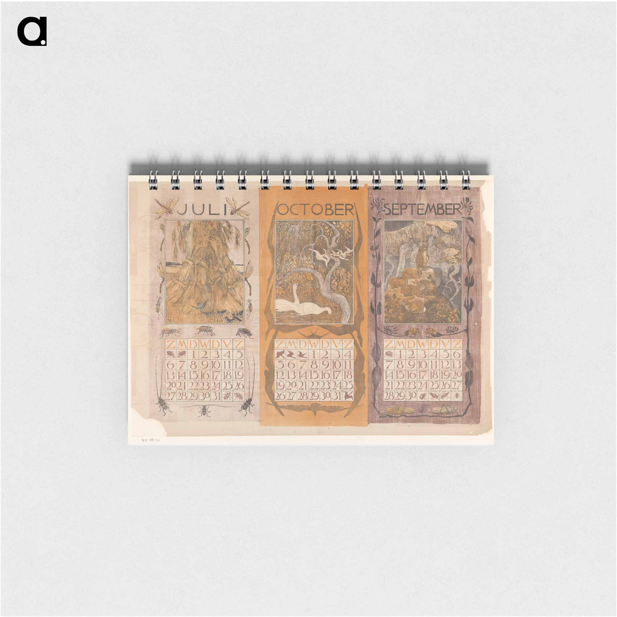 Kalenderbladen van juli, oktober en september, met korenschoven, zwanen en konijnen - テオ ヴァン ホイテマ Memo.