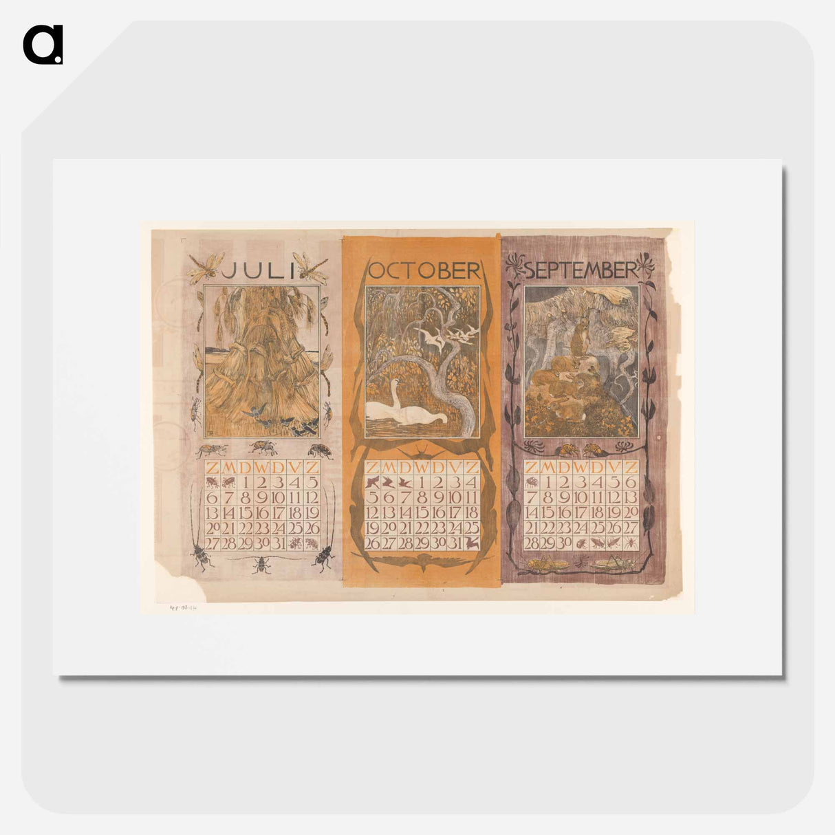 Kalenderbladen van juli, oktober en september, met korenschoven, zwanen en konijnen - テオ ヴァン ホイテマ Poster.