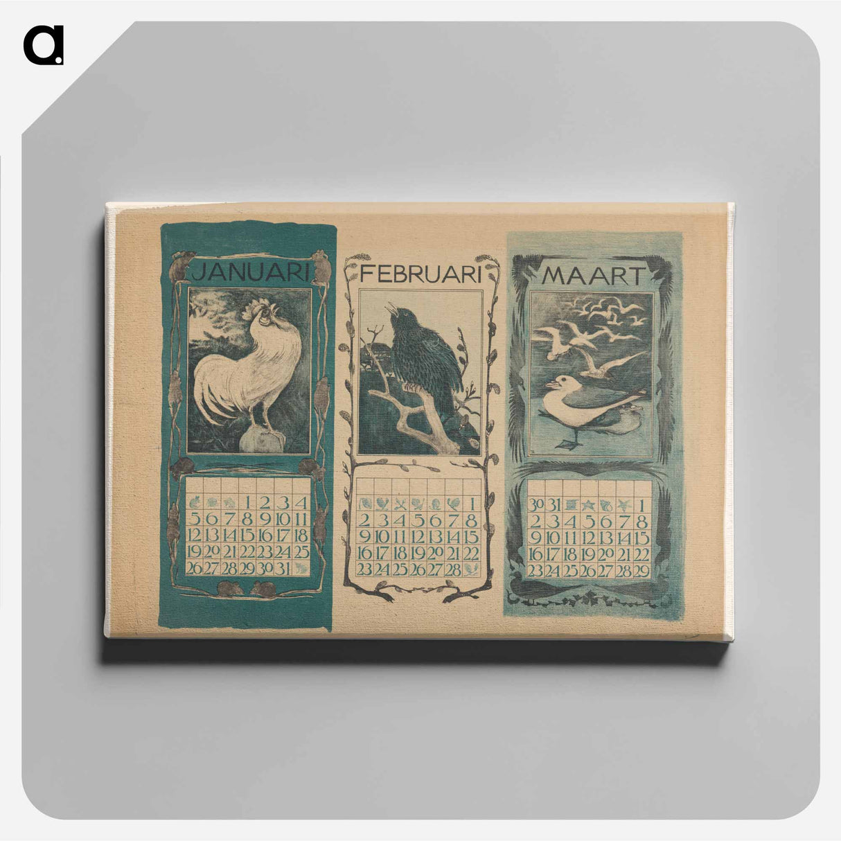 Kalenderbladen van januari, februari en maart, met vogels - テオ ヴァン ホイテマ Canvas.
