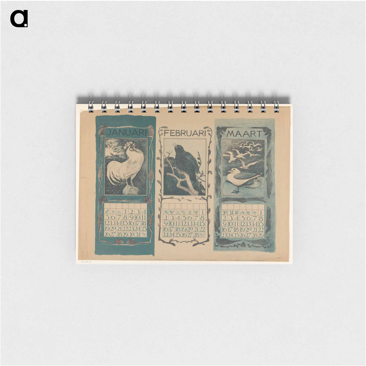 Kalenderbladen van januari, februari en maart, met vogels - テオ ヴァン ホイテマ Memo.