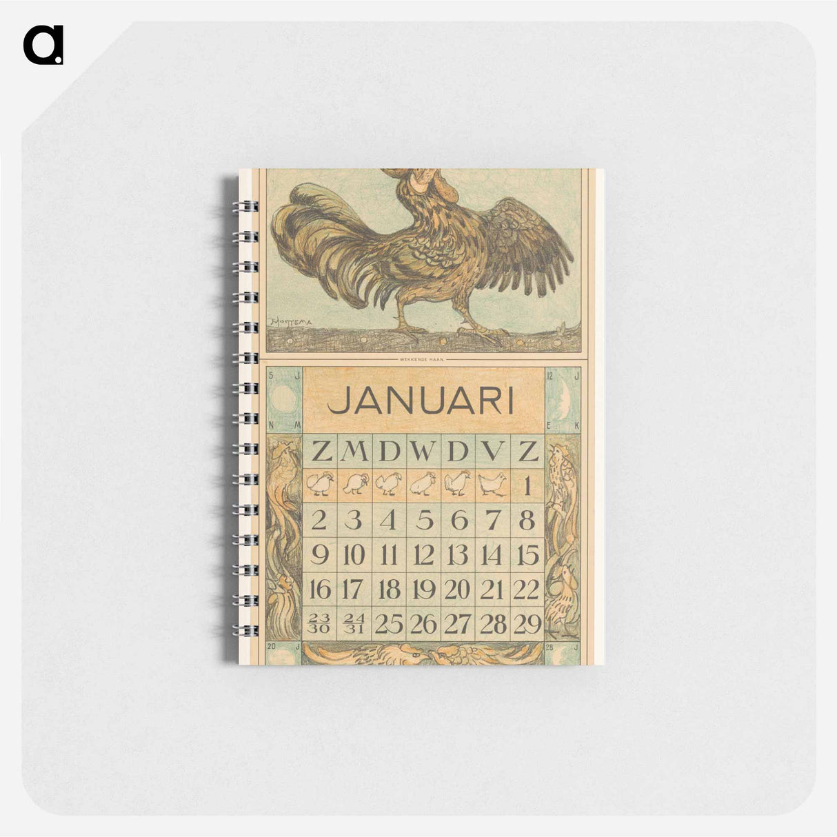 Kalenderblad januari met kraaiende haan - テオ ヴァン ホイテマ Memo.