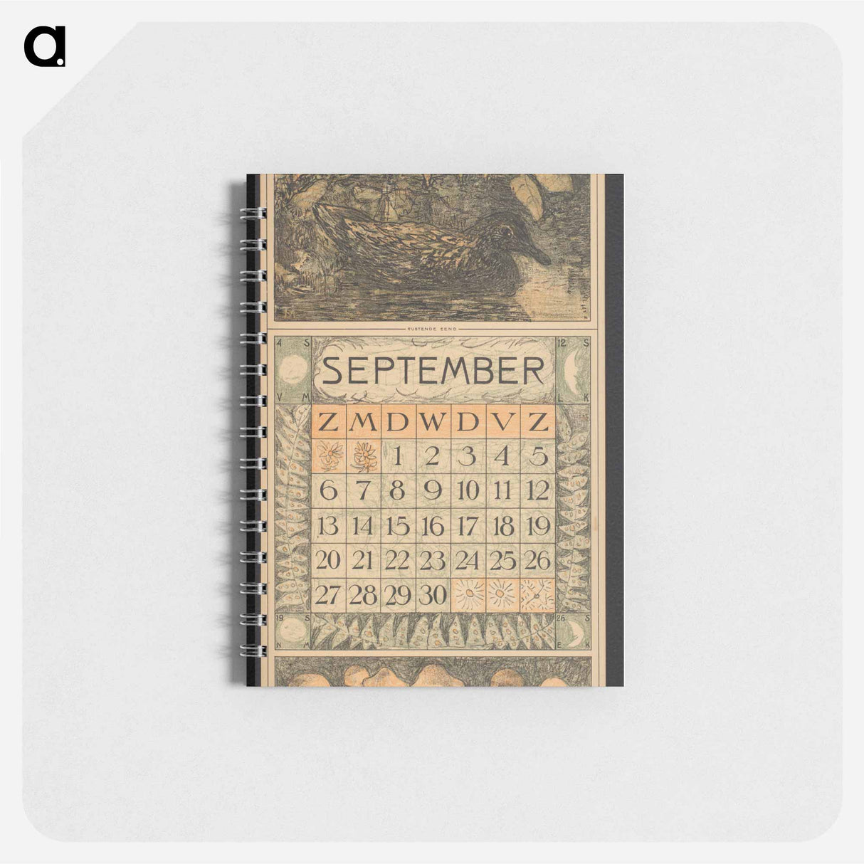 Kalenderblad voor september 1914 met een eend op het water - テオ ヴァン ホイテマ Memo.