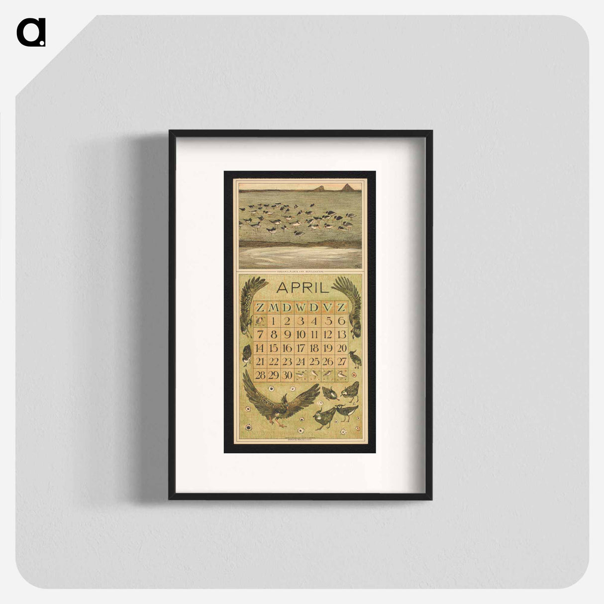 Calendar for April 1912 with scholeksters and kieviten - Theo van Hoytema Poster.