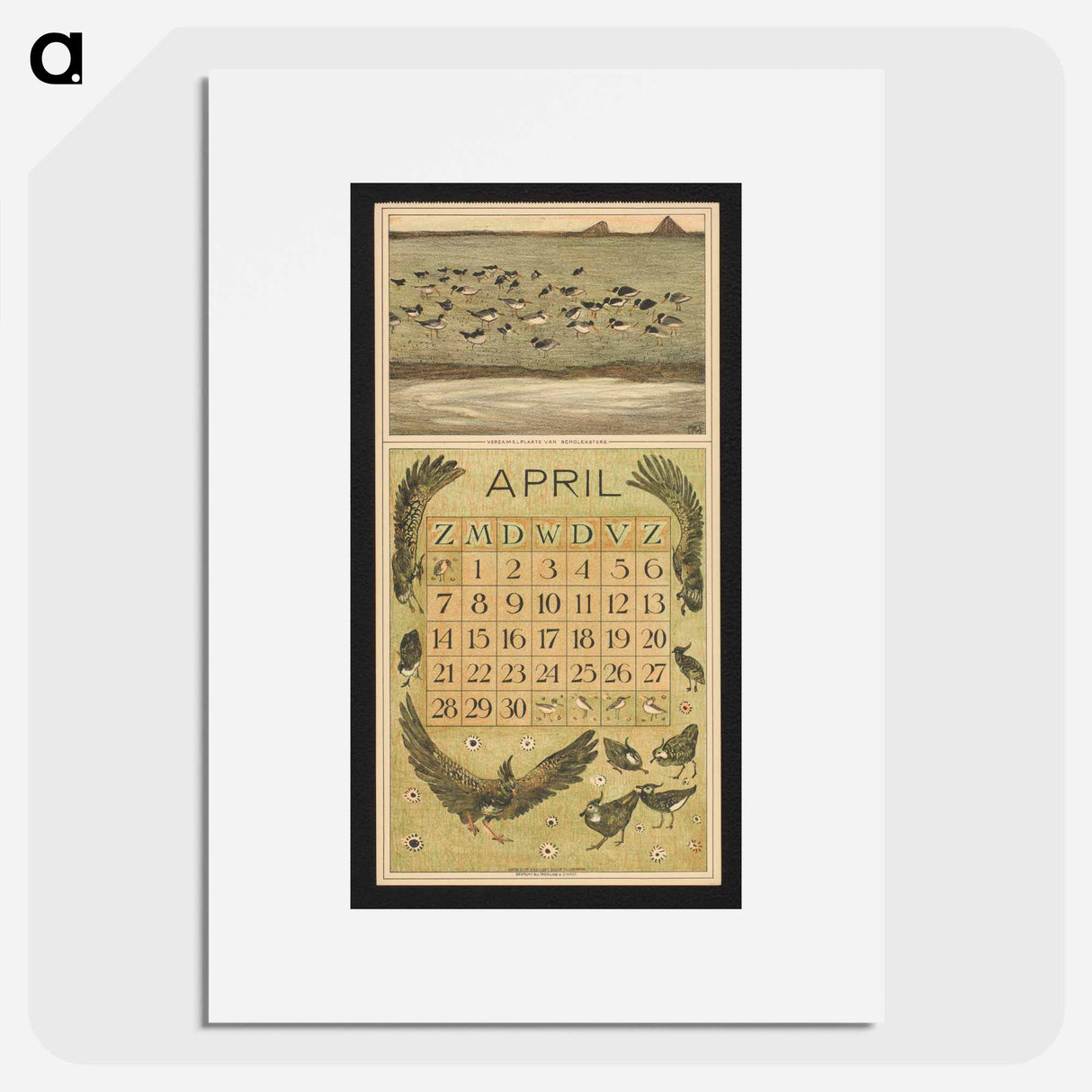Calendar for April 1912 with scholeksters and kieviten - Theo van Hoytema Poster.