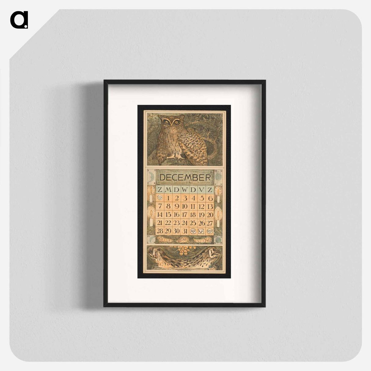 Kalenderblad voor december met een oehoe en kerkuilen by Theo van Hoytema - テオ ヴァン ホイテマ Poster.