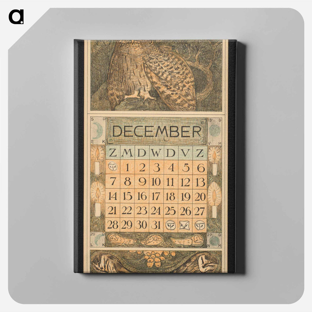 Kalenderblad voor december met een oehoe en kerkuilen by Theo van Hoytema - テオ ヴァン ホイテマ Canvas.