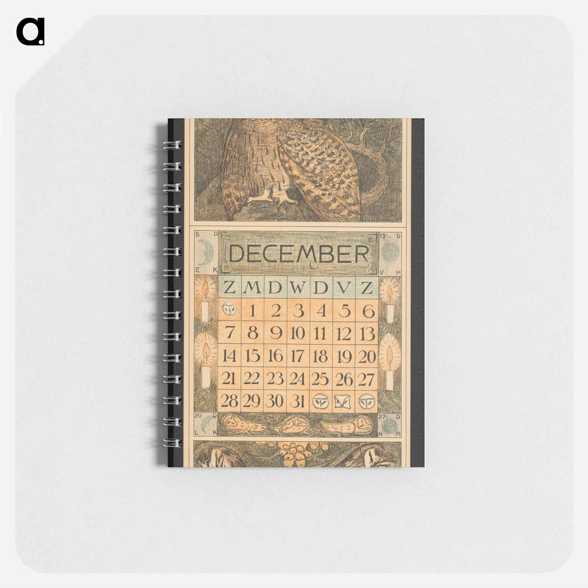 Kalenderblad voor december met een oehoe en kerkuilen by Theo van Hoytema - テオ ヴァン ホイテマ Memo.