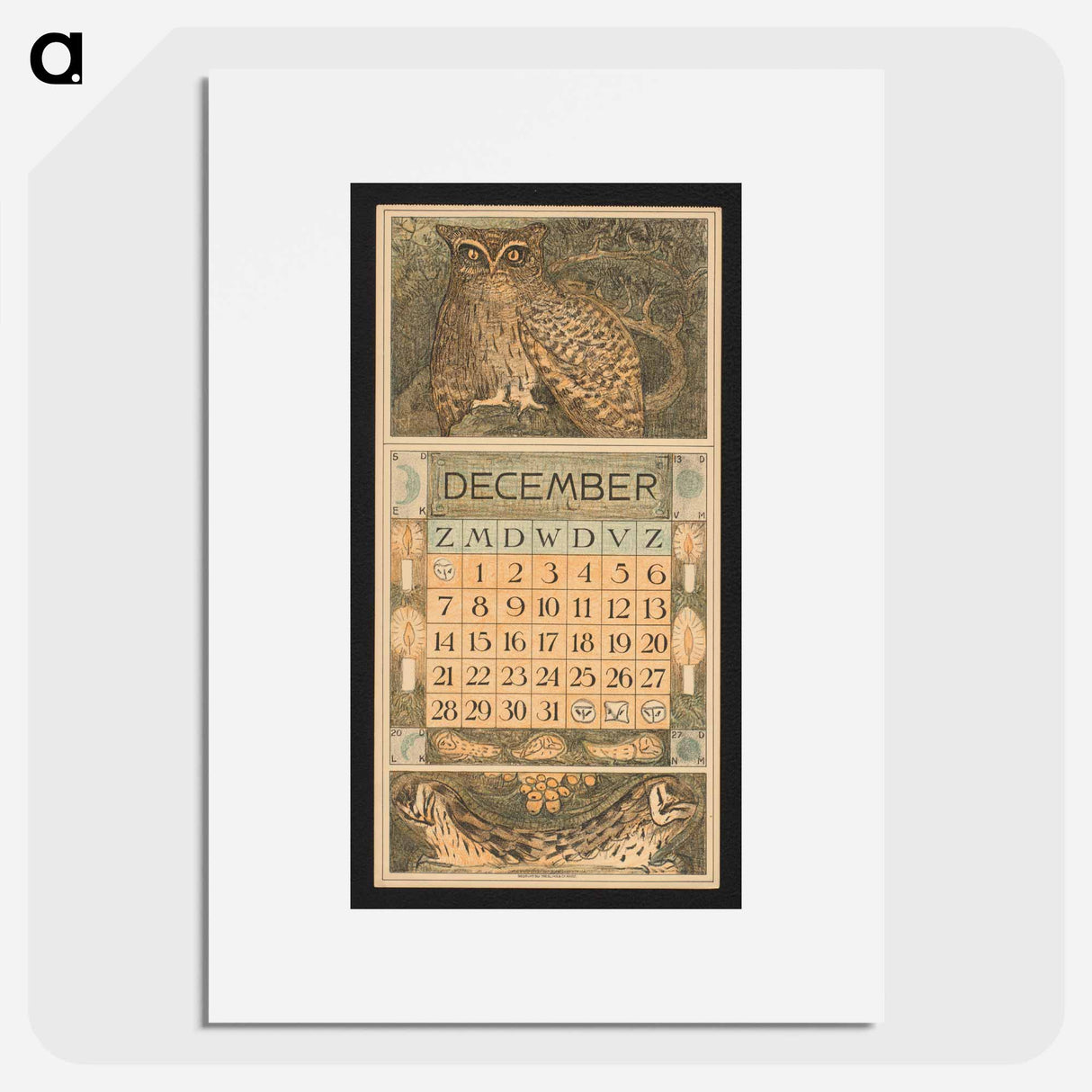 Kalenderblad voor december met een oehoe en kerkuilen by Theo van Hoytema - テオ ヴァン ホイテマ Poster.