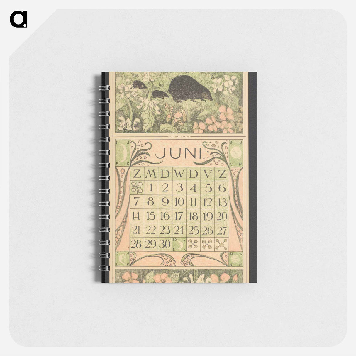 Kalenderblad voor juni 1914 met een egel en twee jongen by Theo van Hoytema - テオ ヴァン ホイテマ Memo.