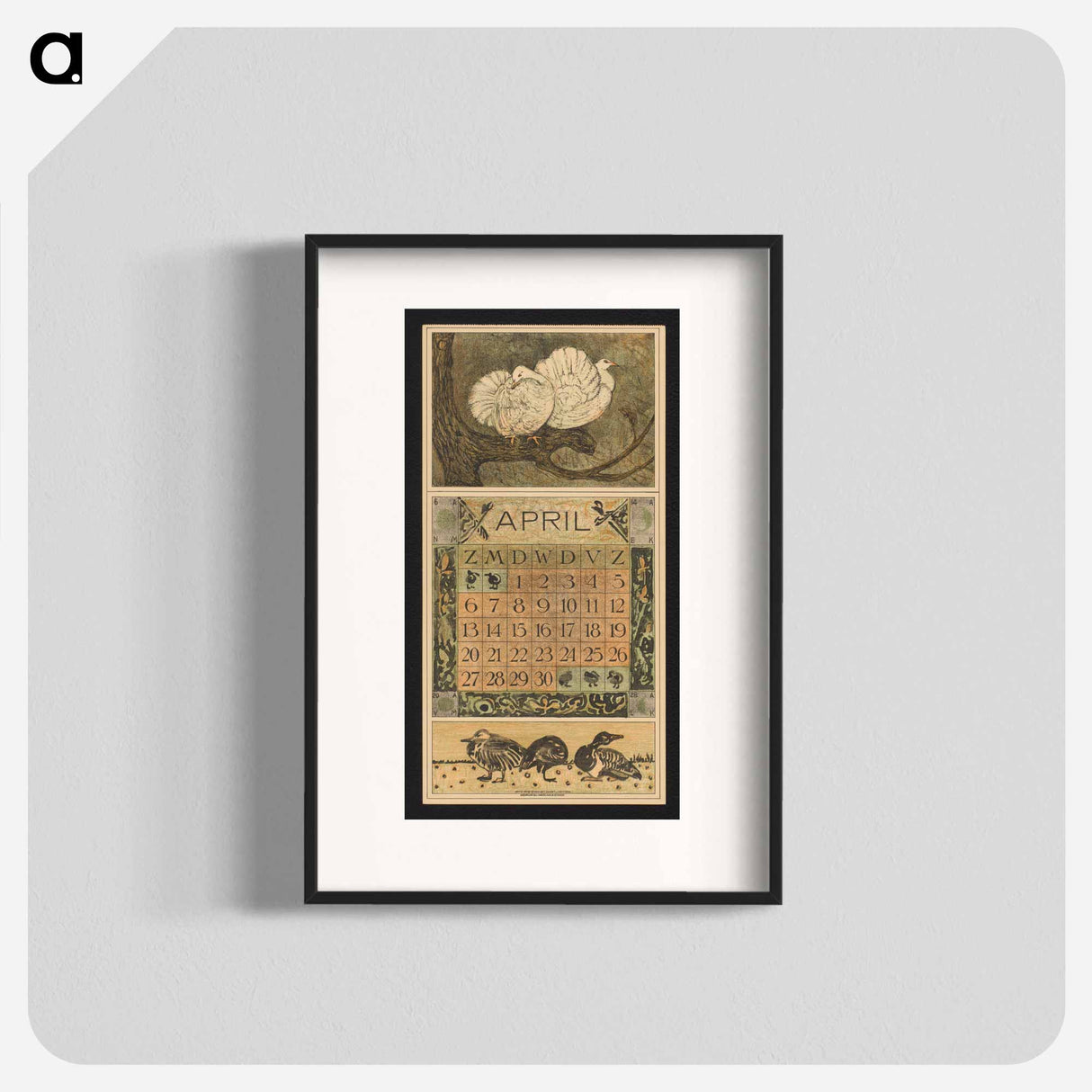 Kalenderblad voor april 1913 met twee witte duiven op een tak - テオ ヴァン ホイテマ Poster.