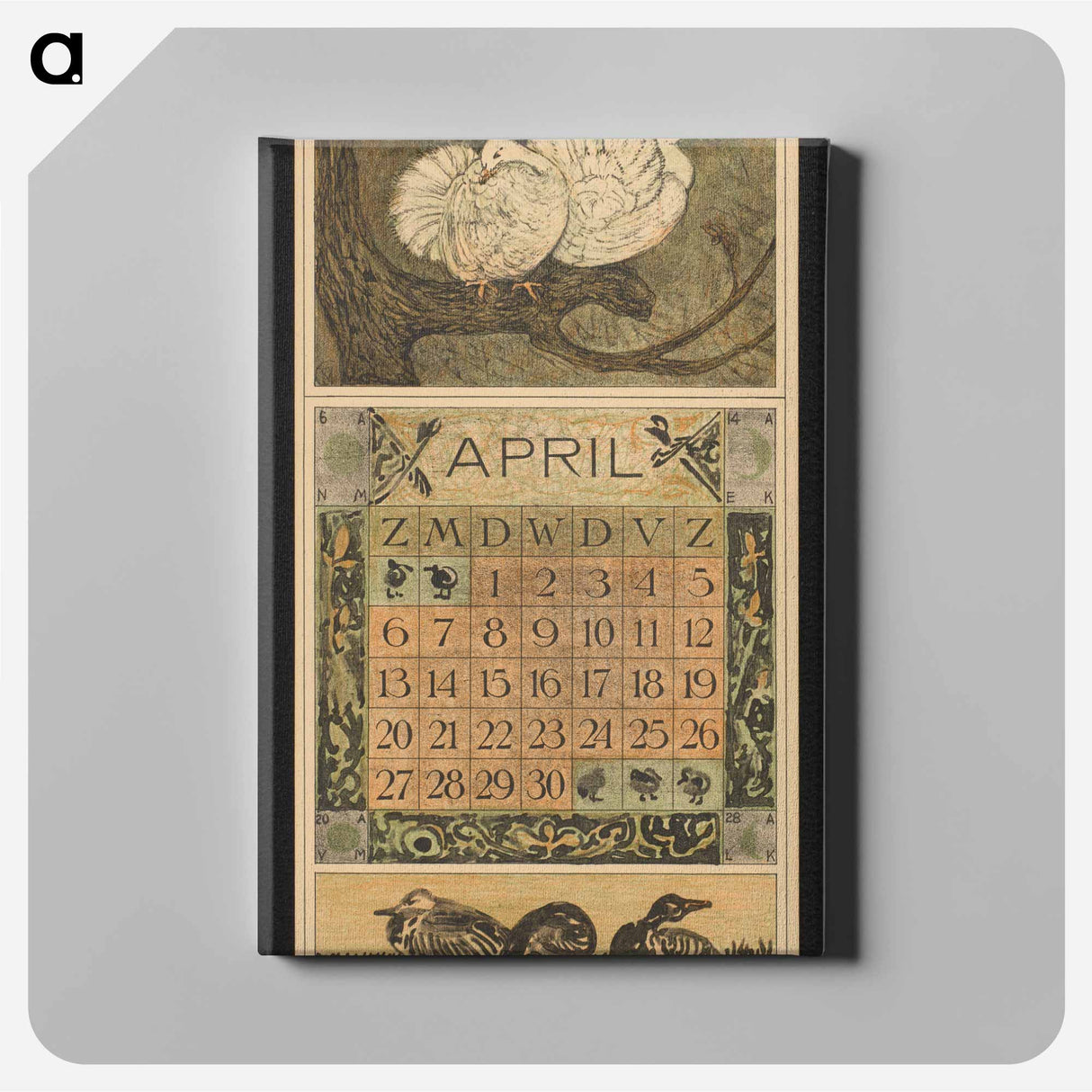 Kalenderblad voor april 1913 met twee witte duiven op een tak - テオ ヴァン ホイテマ Canvas.