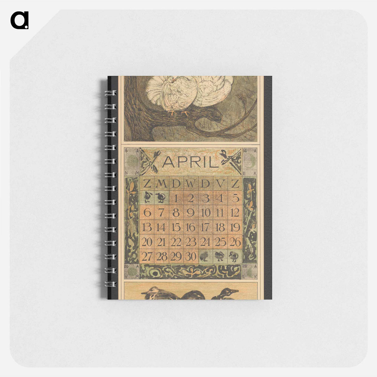 Kalenderblad voor april 1913 met twee witte duiven op een tak - テオ ヴァン ホイテマ Memo.