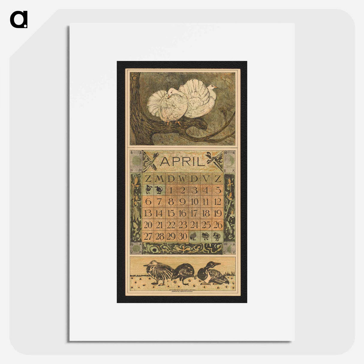 Kalenderblad voor april 1913 met twee witte duiven op een tak - テオ ヴァン ホイテマ Poster.