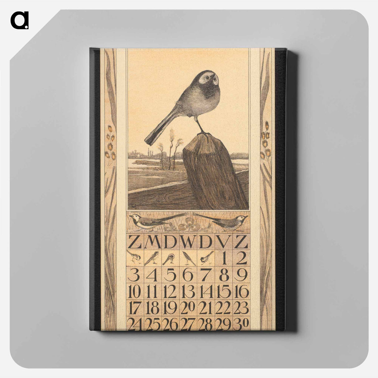 Kalenderblad voor april met een witte kwikstaart by Theo van Hoytema - テオ ヴァン ホイテマ Canvas.