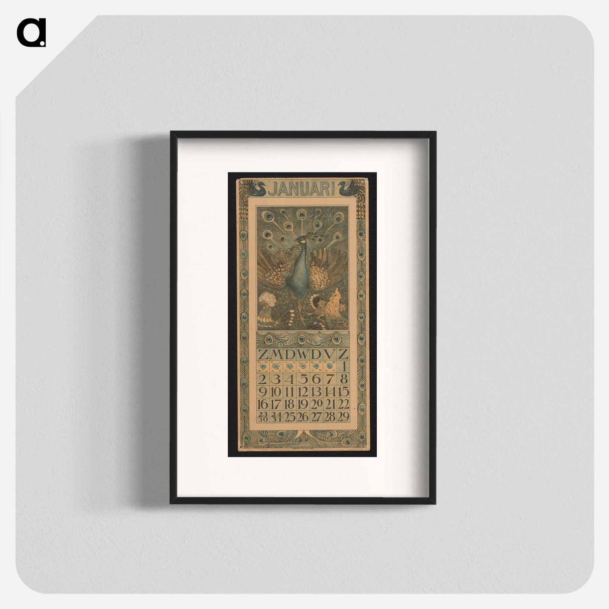 Kalenderblad voor januari met pauw en hoenders by Theo van Hoytema - テオ ヴァン ホイテマ Poster.