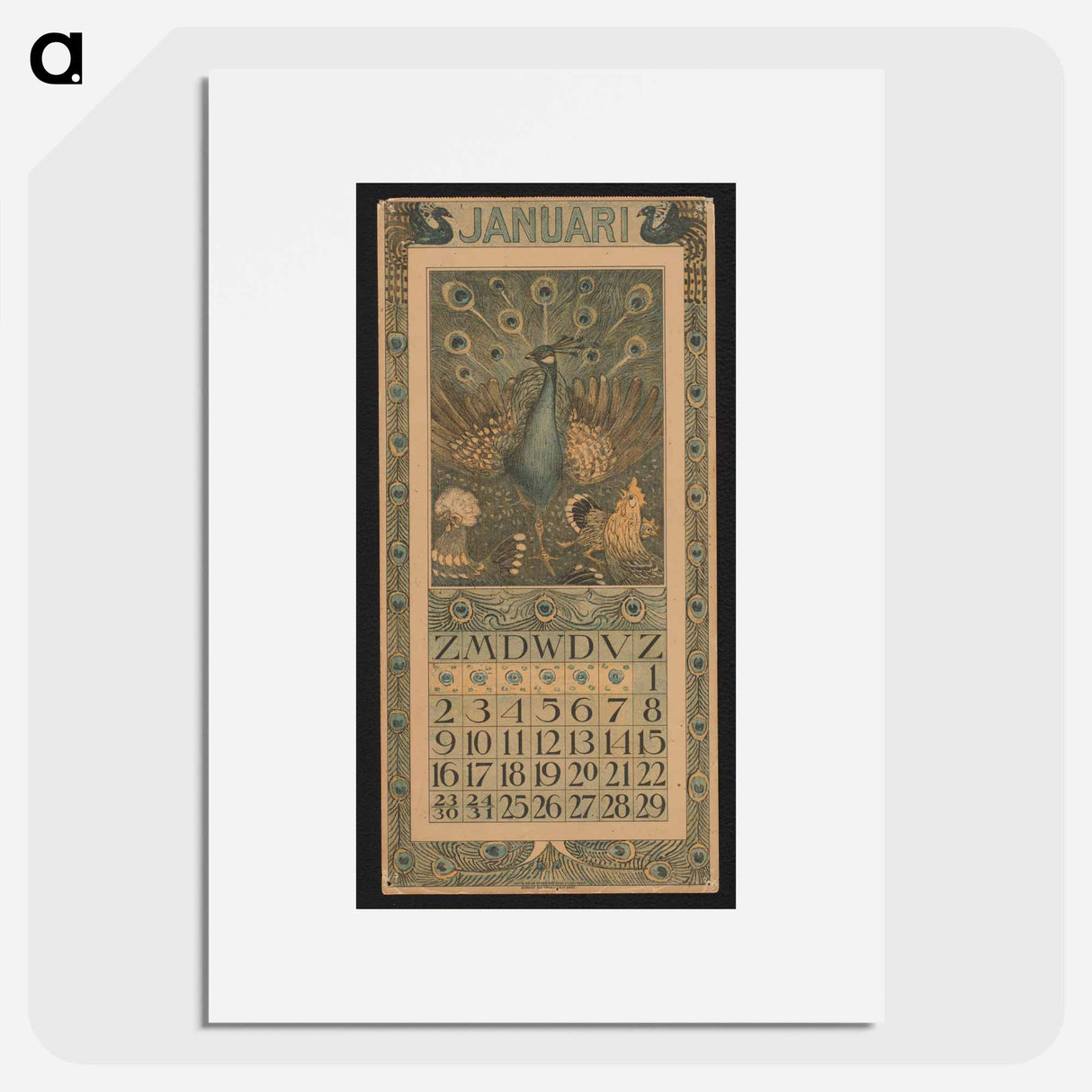 Kalenderblad voor januari met pauw en hoenders by Theo van Hoytema - テオ ヴァン ホイテマ Poster.