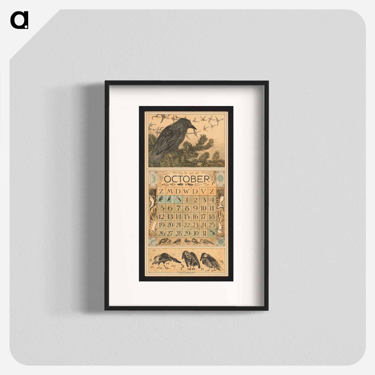 Kalenderblad voor oktober met een kraai en een groep wegtrekkende ganzen by Theo van Hoytema, Theo van Hoytema and Tresling and Comp - テオ ヴァン ホイテマ Poster.