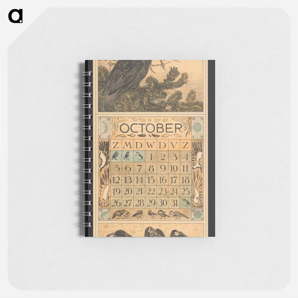 Kalenderblad voor oktober met een kraai en een groep wegtrekkende ganzen by Theo van Hoytema, Theo van Hoytema and Tresling and Comp - テオ ヴァン ホイテマ Memo.