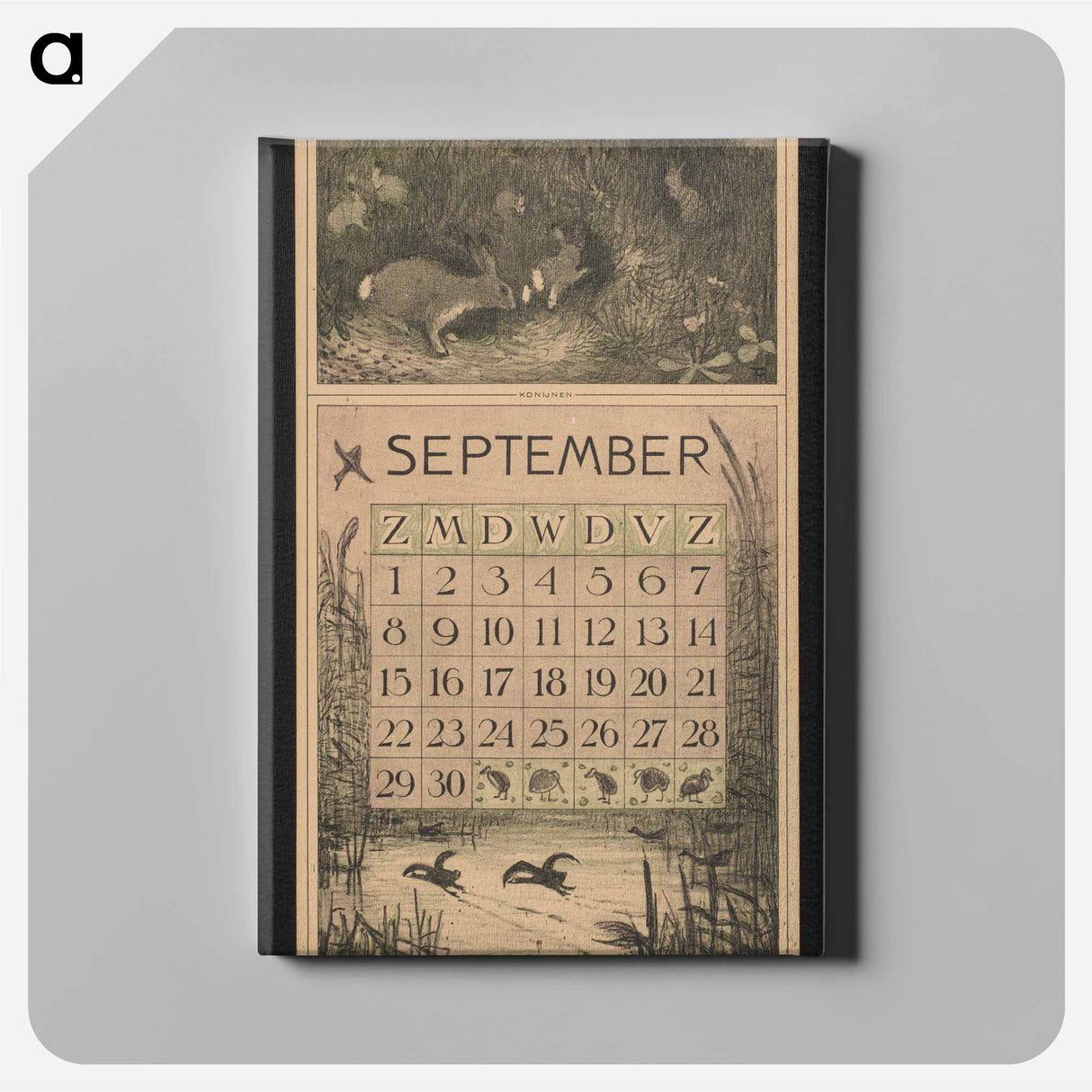 Kalenderblad voor september 1912 met konijnen en meerkoeten by Theo van Hoytema - テオ ヴァン ホイテマ Canvas.