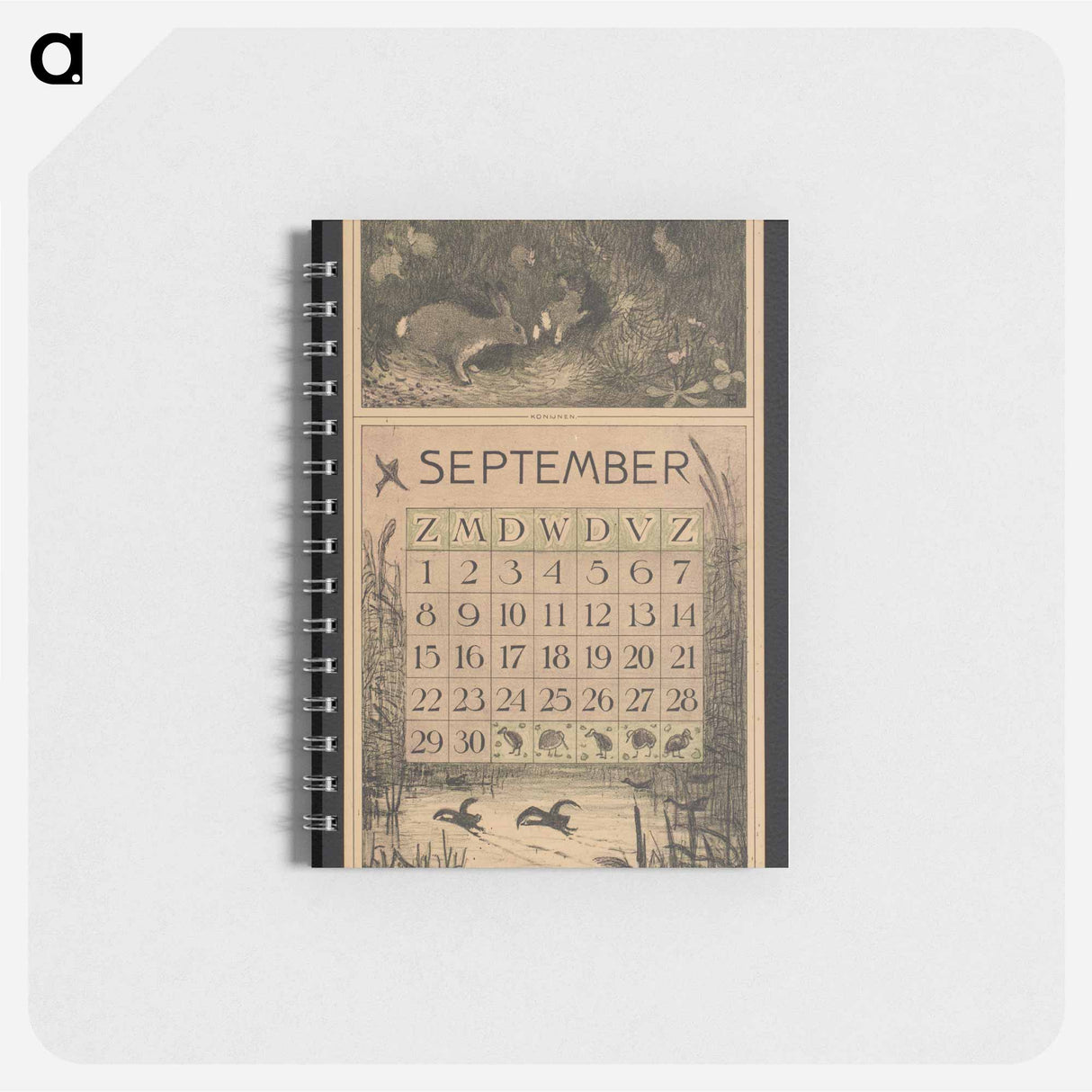 Kalenderblad voor september 1912 met konijnen en meerkoeten by Theo van Hoytema - テオ ヴァン ホイテマ Memo.