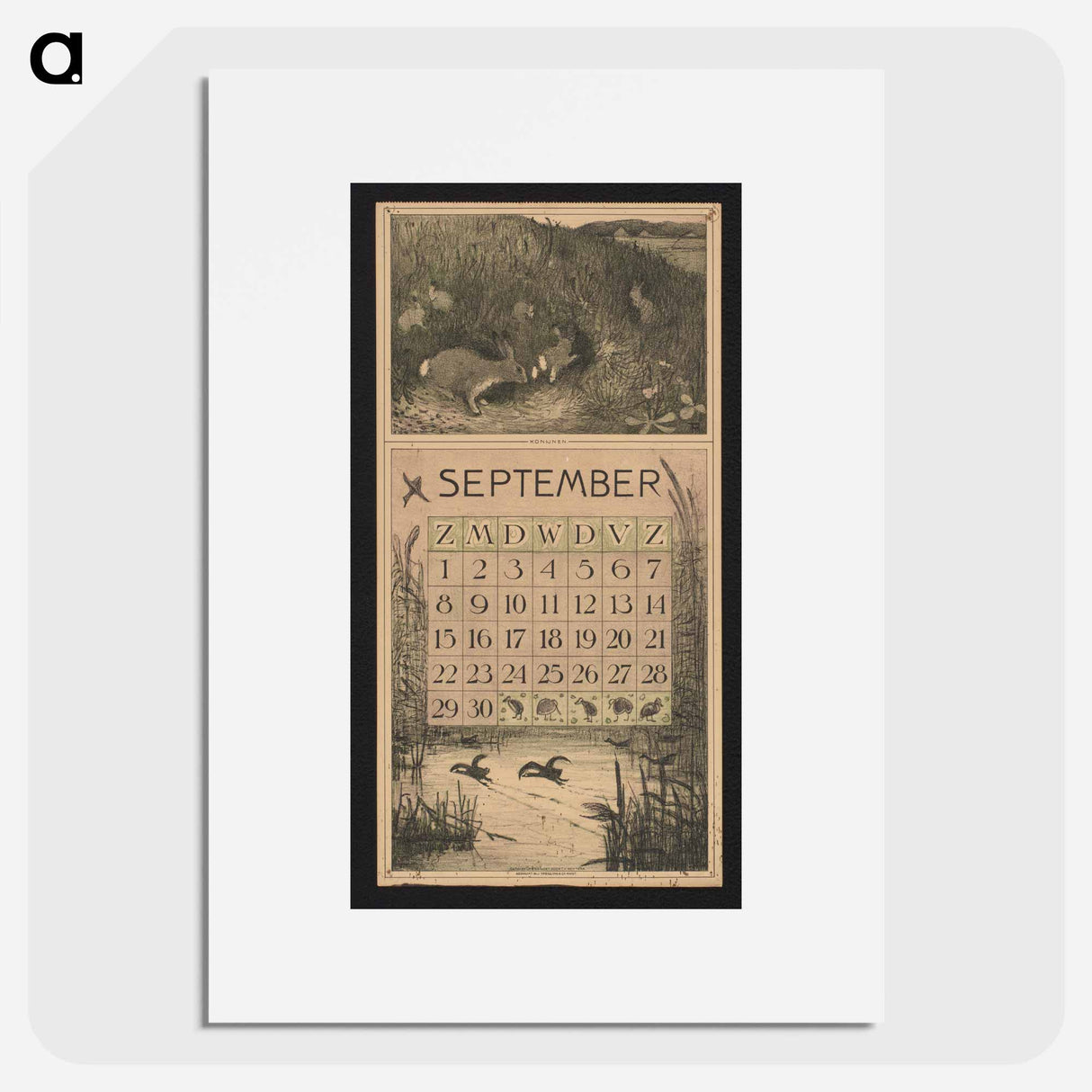 Kalenderblad voor september 1912 met konijnen en meerkoeten by Theo van Hoytema - テオ ヴァン ホイテマ Poster.