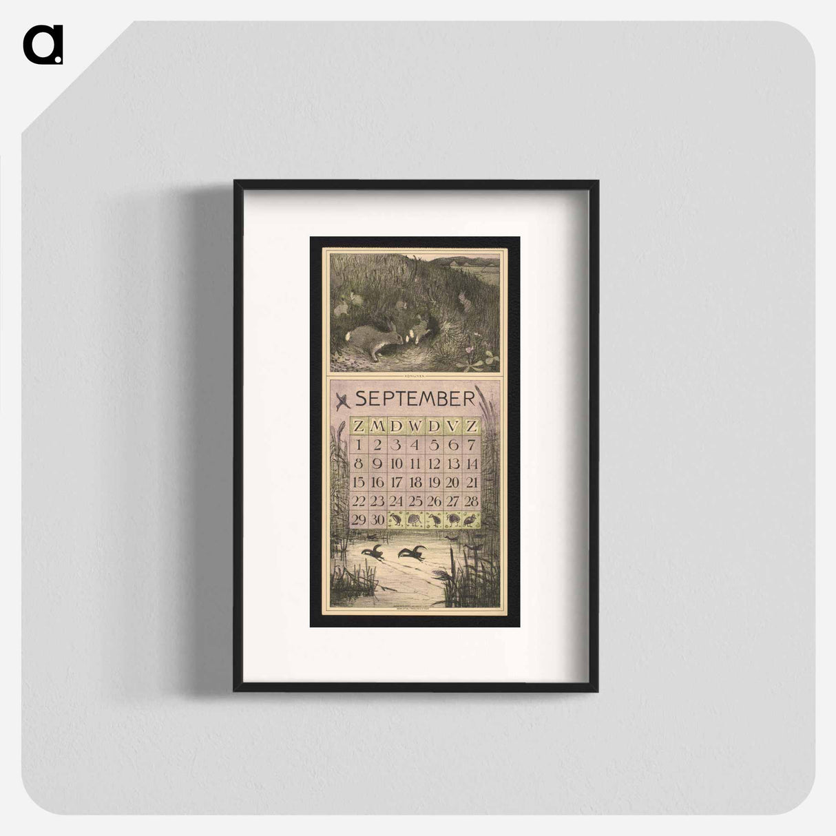 Kalenderblad voor september 1912 met konijnen en meerkoeten by Theo van Hoytema - テオ ヴァン ホイテマ Poster.