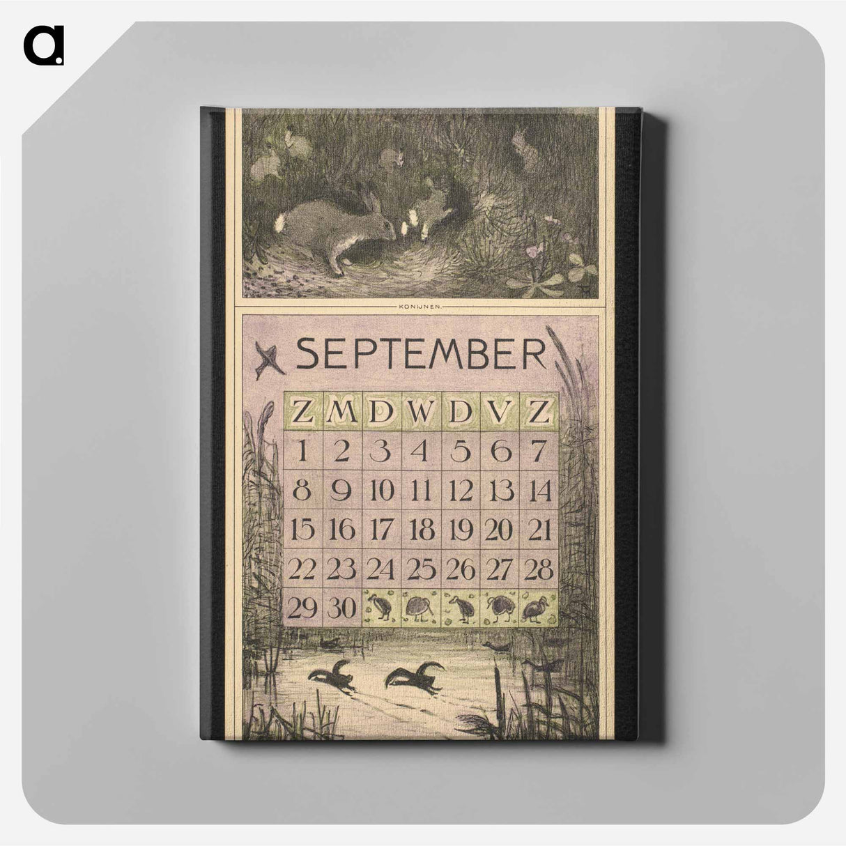 Kalenderblad voor september 1912 met konijnen en meerkoeten by Theo van Hoytema - テオ ヴァン ホイテマ Canvas.
