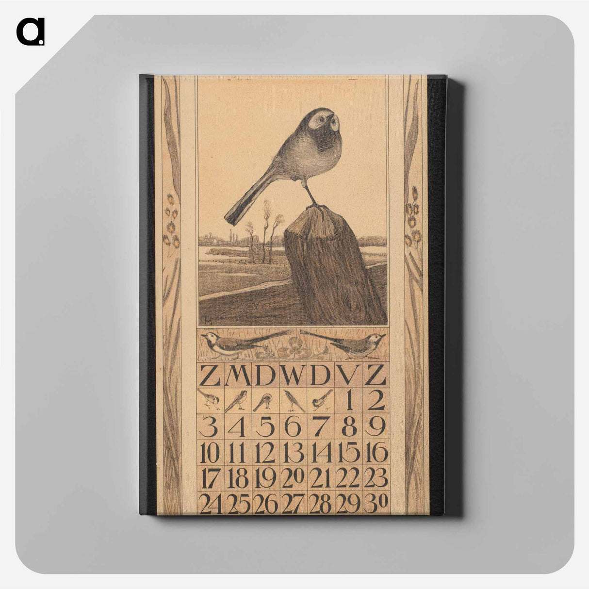 Kalenderblad voor april met een witte kwikstaart by Theo van Hoytema - テオ ヴァン ホイテマ Canvas.