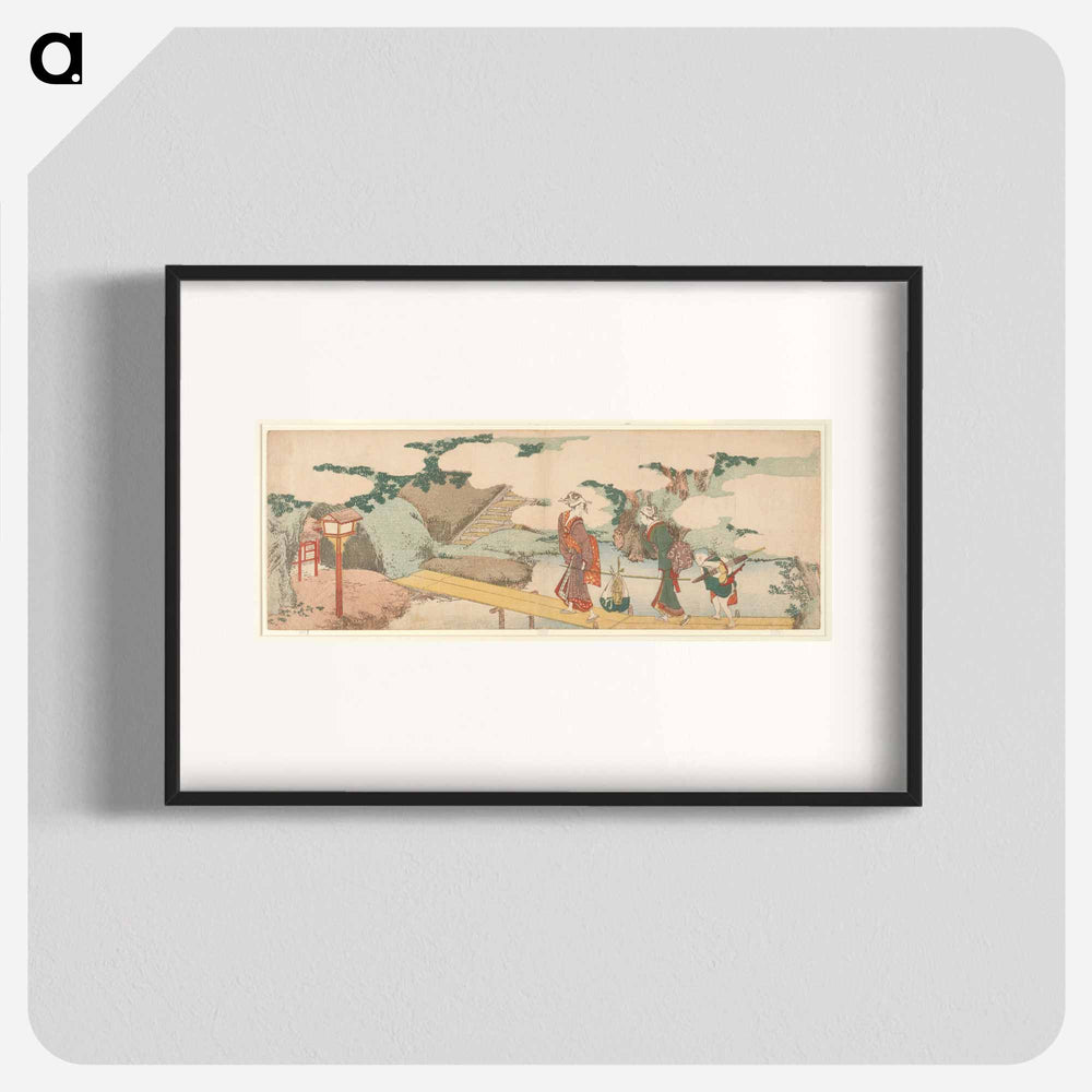 Two Women and a Boy on Boardwalk - Katsushika Hokusai Poster.