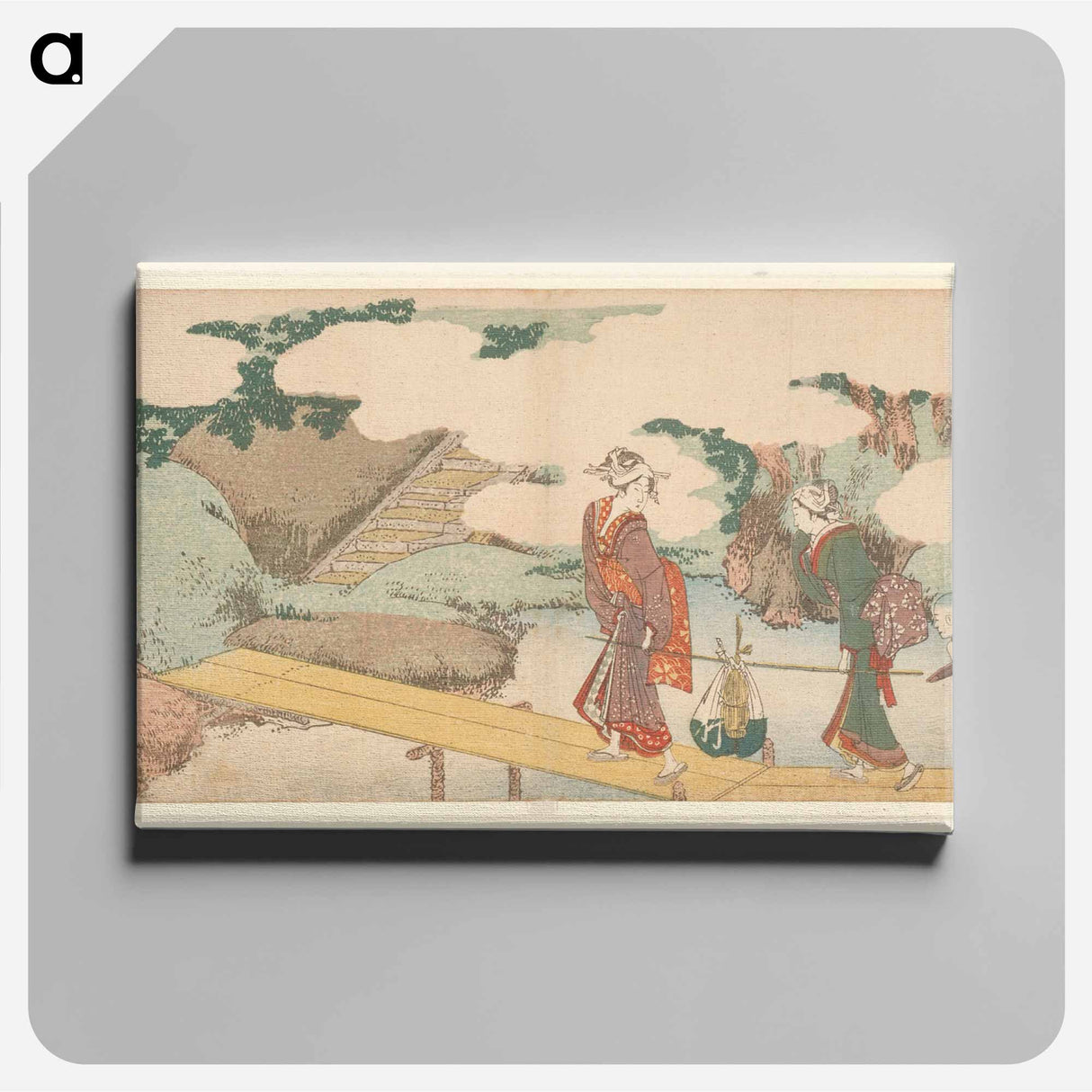 Two Women and a Boy on Boardwalk - Katsushika Hokusai Canvas.
