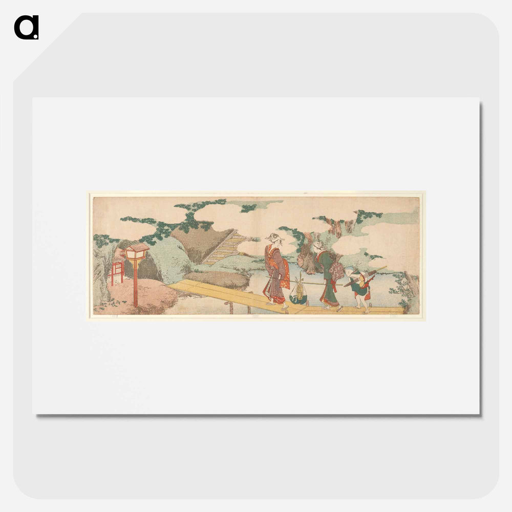 Two Women and a Boy on Boardwalk - Katsushika Hokusai Poster.
