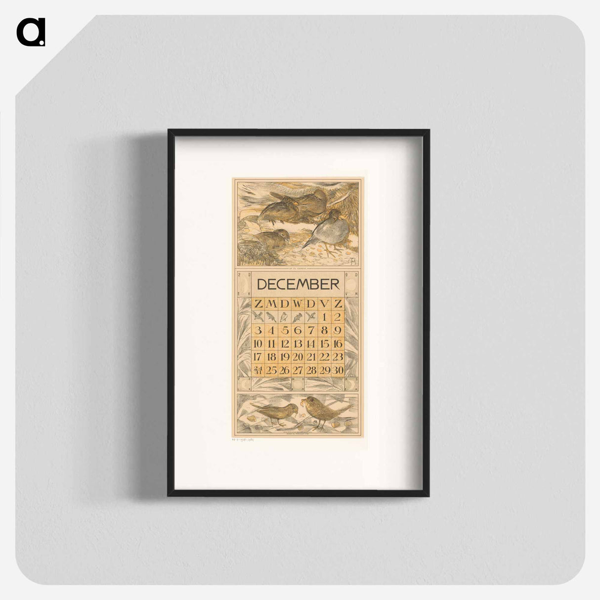 Kalenderblad december met etende vogels - テオ ヴァン ホイテマ Poster.
