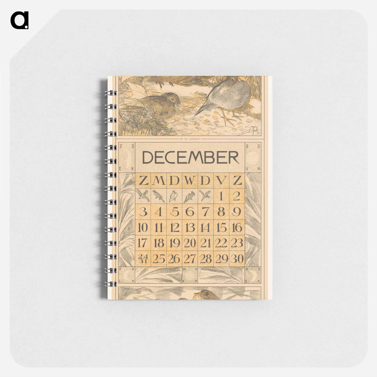 Kalenderblad december met etende vogels - テオ ヴァン ホイテマ Memo.