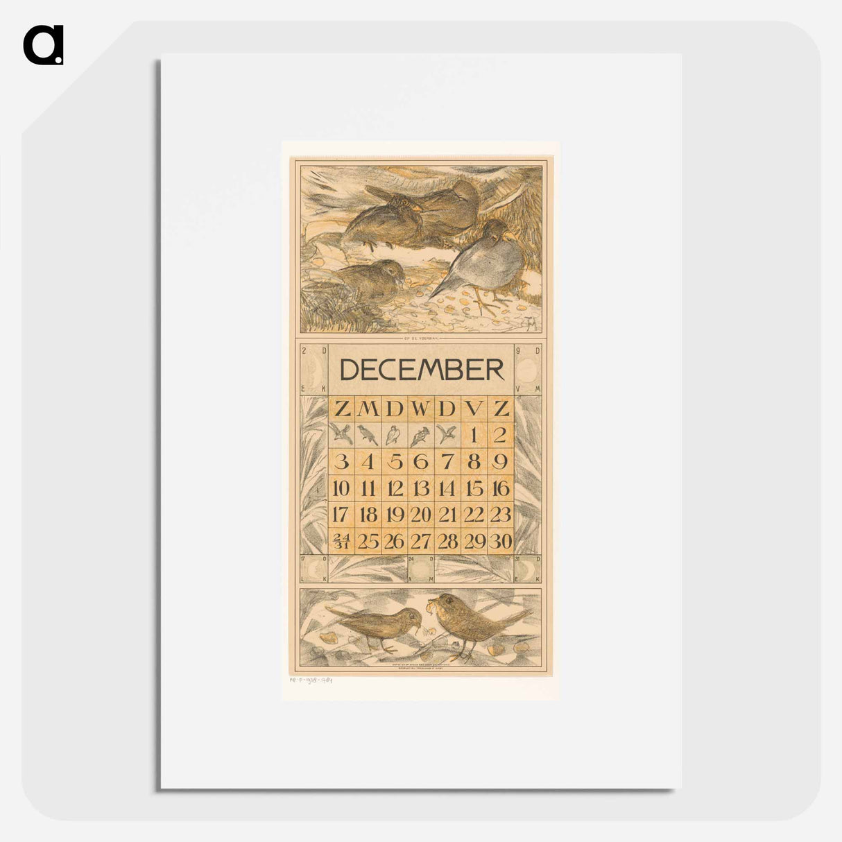 Kalenderblad december met etende vogels - テオ ヴァン ホイテマ Poster.