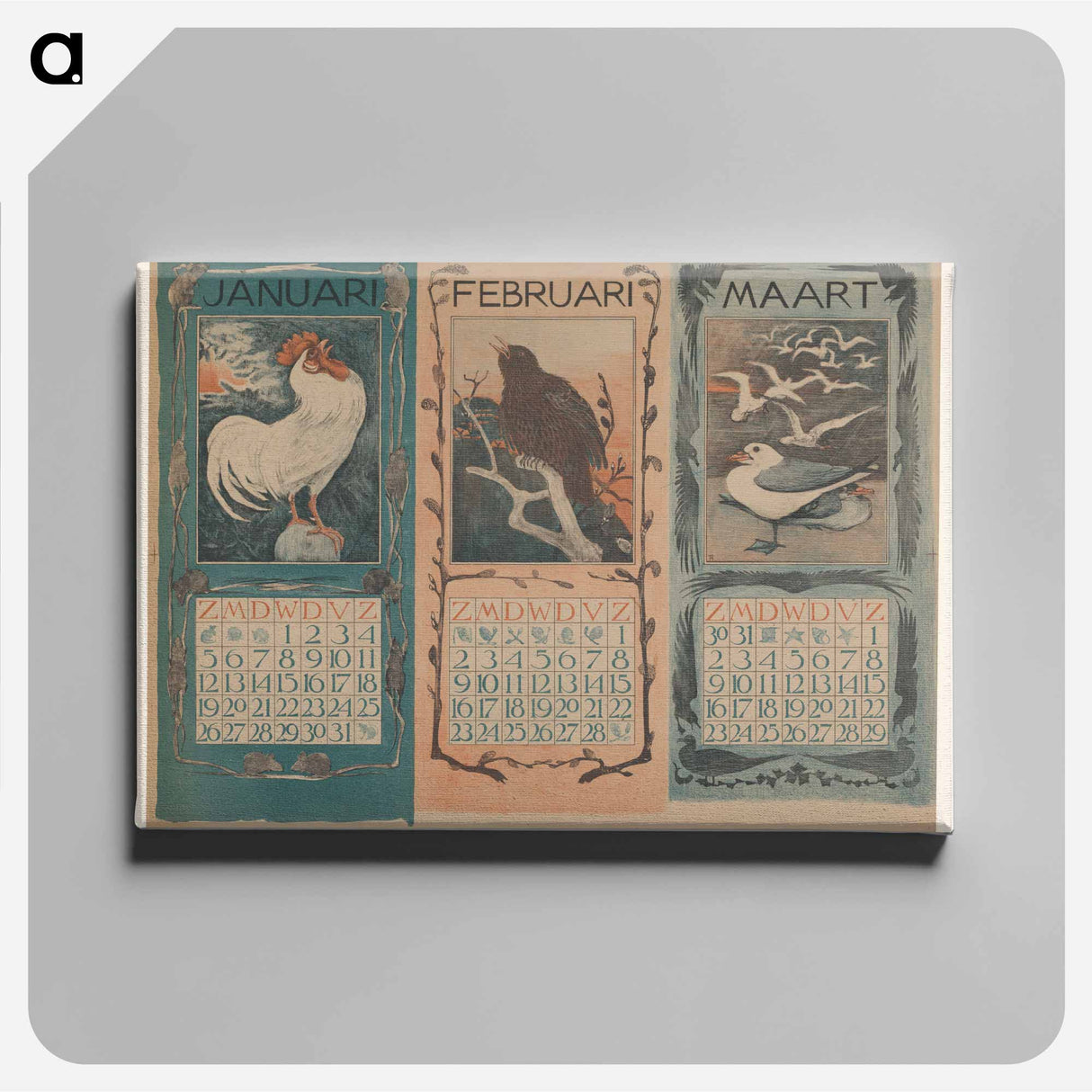 Kalenderbladen van januari, februari en maart, met vogels - テオ ヴァン ホイテマ Canvas.